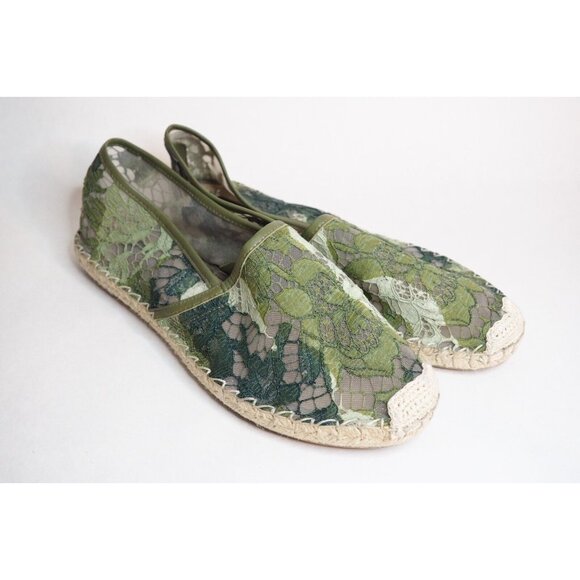 Valentino Green Floral Lace Espadrilles Flats, Size 39 (EU) 9 (US)